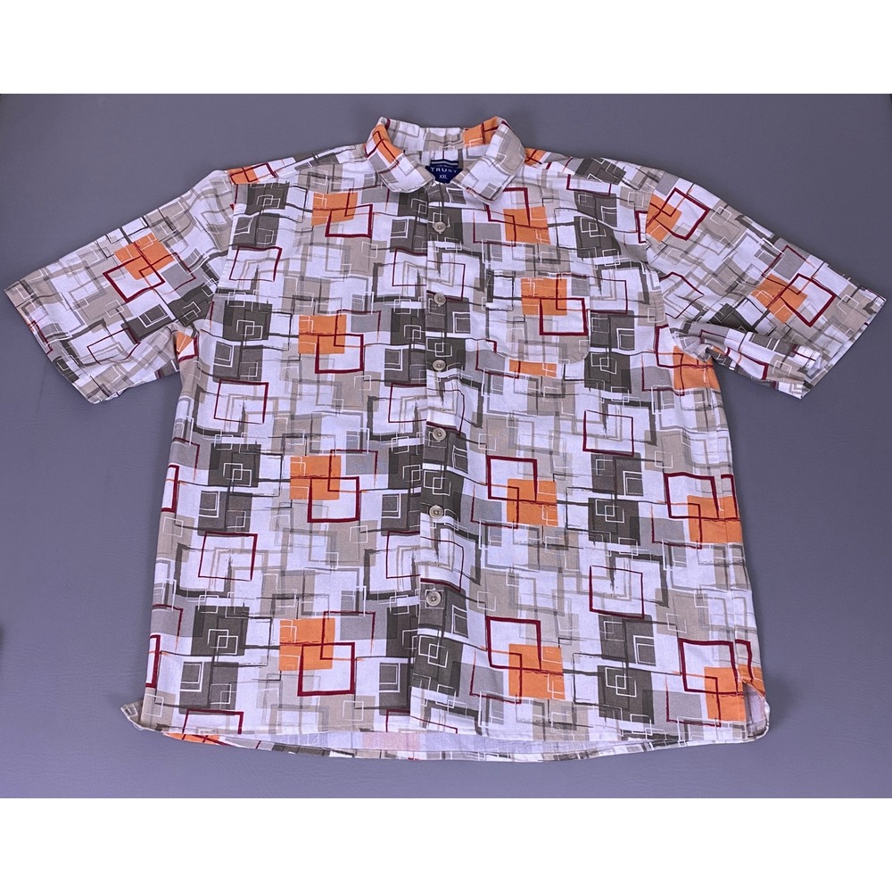 Trust Linen Button‎ Up Shirt Mens XXL Short Sleeve Geometric Orange Brown Rayon